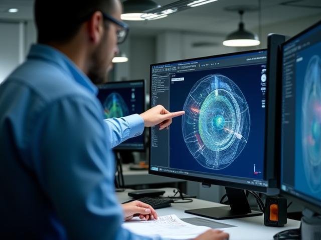 Engineers collaborating on a speaker design using advanced CAD software