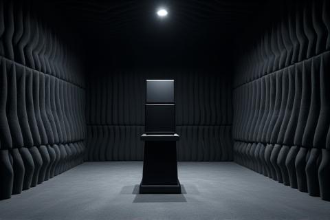 Interior of an anechoic chamber, demonstrating sound testing environment