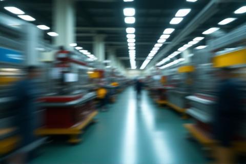 Blurred image of a busy factory floor with machinery, indicating large-scale production