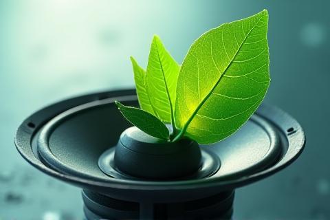 Green leaf overlay on a speaker component, symbolizing sustainable manufacturing