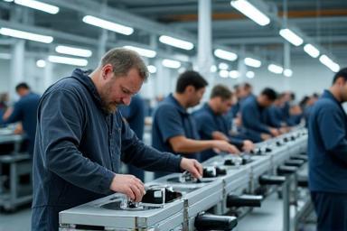 Assembly line with multiple workers carefully putting together speaker enclosures