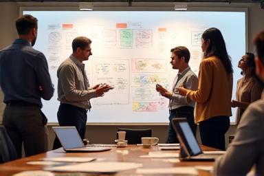 Team brainstorming ideas around a whiteboard with speaker sketches