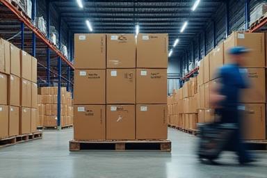 Boxes of finished speakers being loaded onto a pallet for shipping