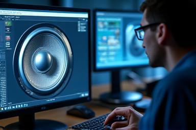 Engineer working on a detailed 3D design of a speaker on a large monitor