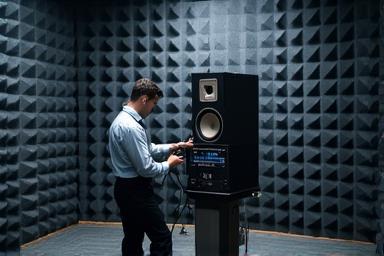 Technician performing a sound test on a speaker in an anechoic chamber