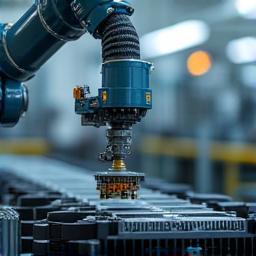 Robotic arm meticulously placing a component on a speaker chassis