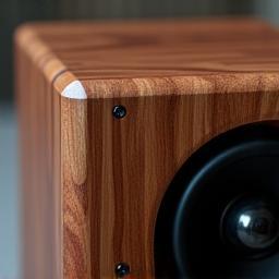 Close-up of a unique, custom-finished speaker enclosure