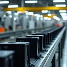 Conveyor belt system moving multiple finished speaker units in a brightly lit factory