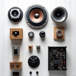 Various speaker components like magnets, cones, and voice coils arranged neatly