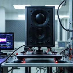 Speaker undergoing vibration testing in a specialized laboratory
